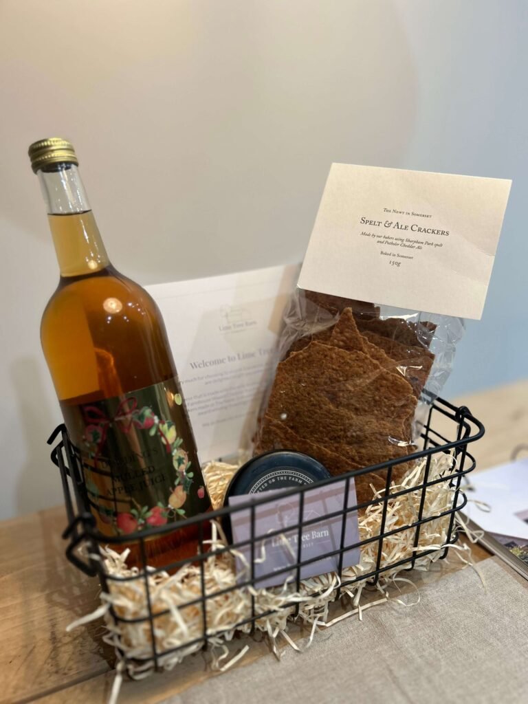 This is the welcome hamper from Basswood Barn, which is next door to Tilia Barn and Linden Barn. Together, the three properties are known as Lime Tree Barn on Higher Hatherleigh Farm in Wincanton.